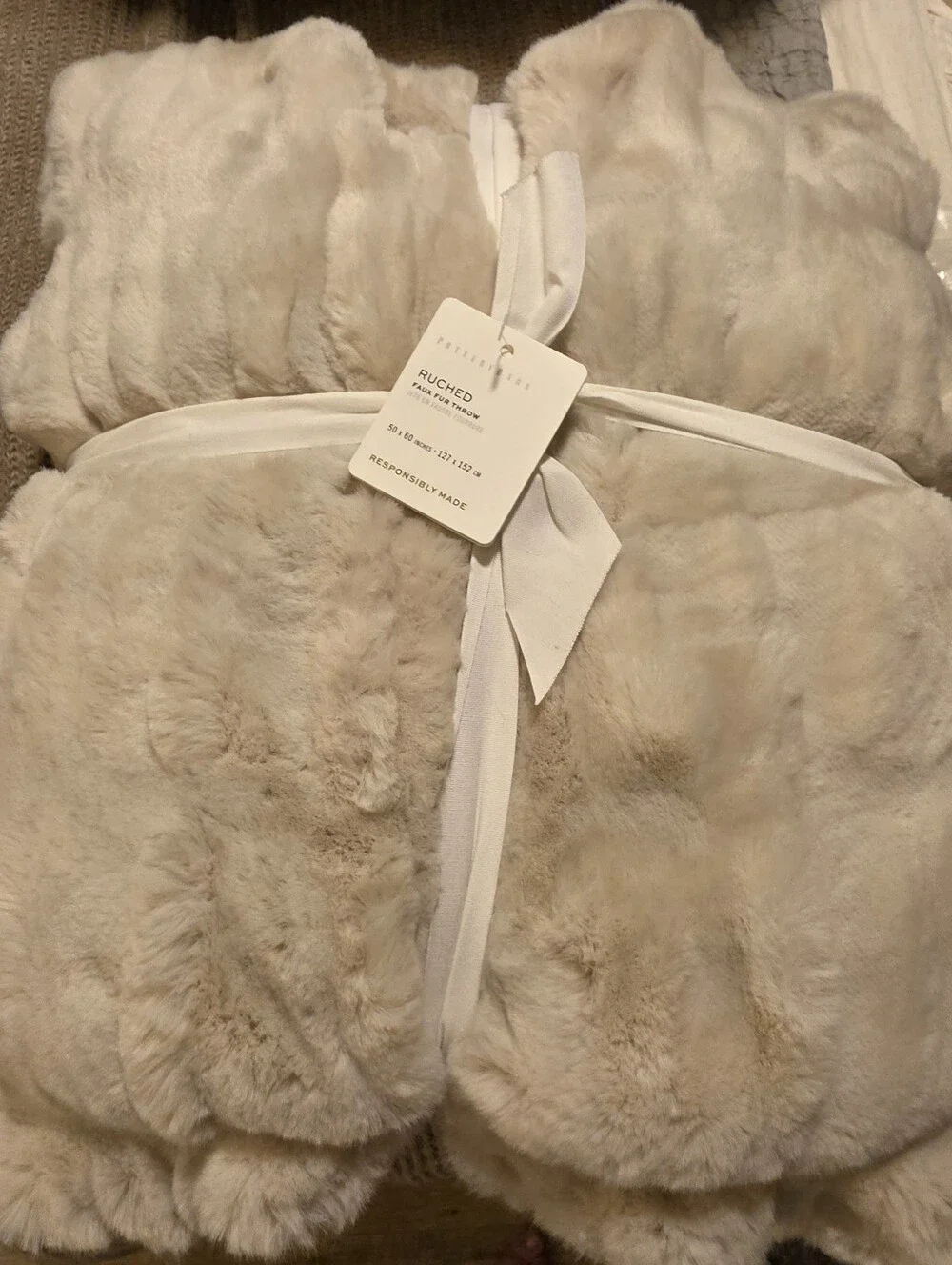 Pottery Barn Faux Fur Ruched Throw (Ivory)  50x60in